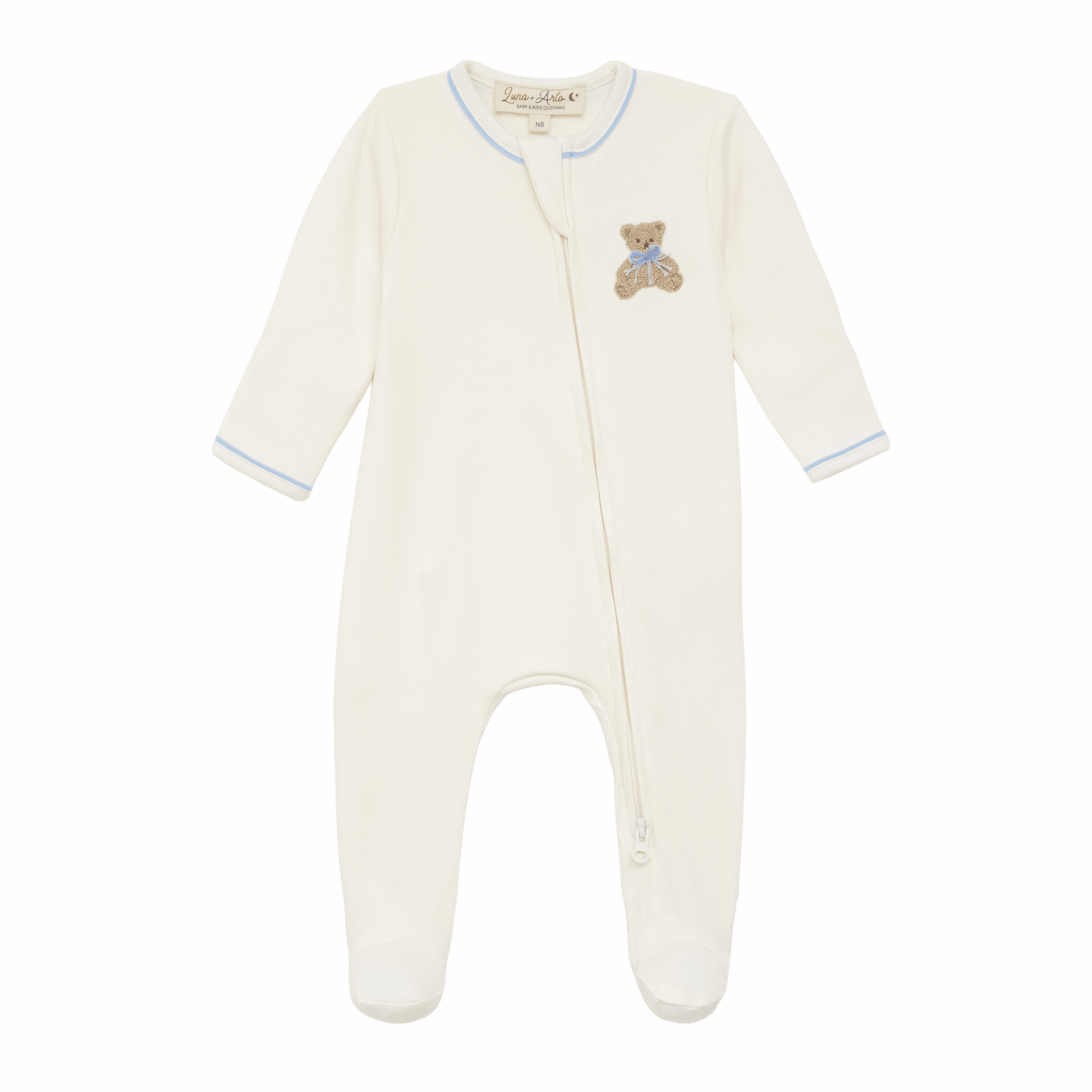 Bear Hugs Hand Embroidered Zip Footie - Sky - Magnolia BabyFootie