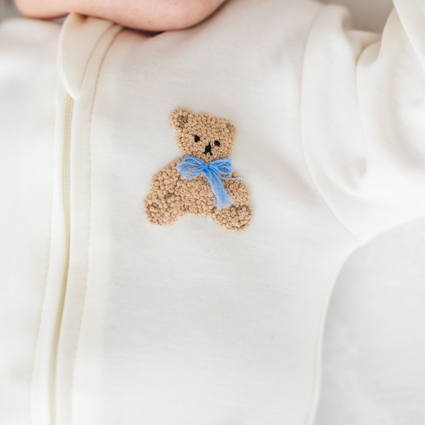 Bear Hugs Hand Embroidered Zip Footie - Sky - Magnolia BabyFootie