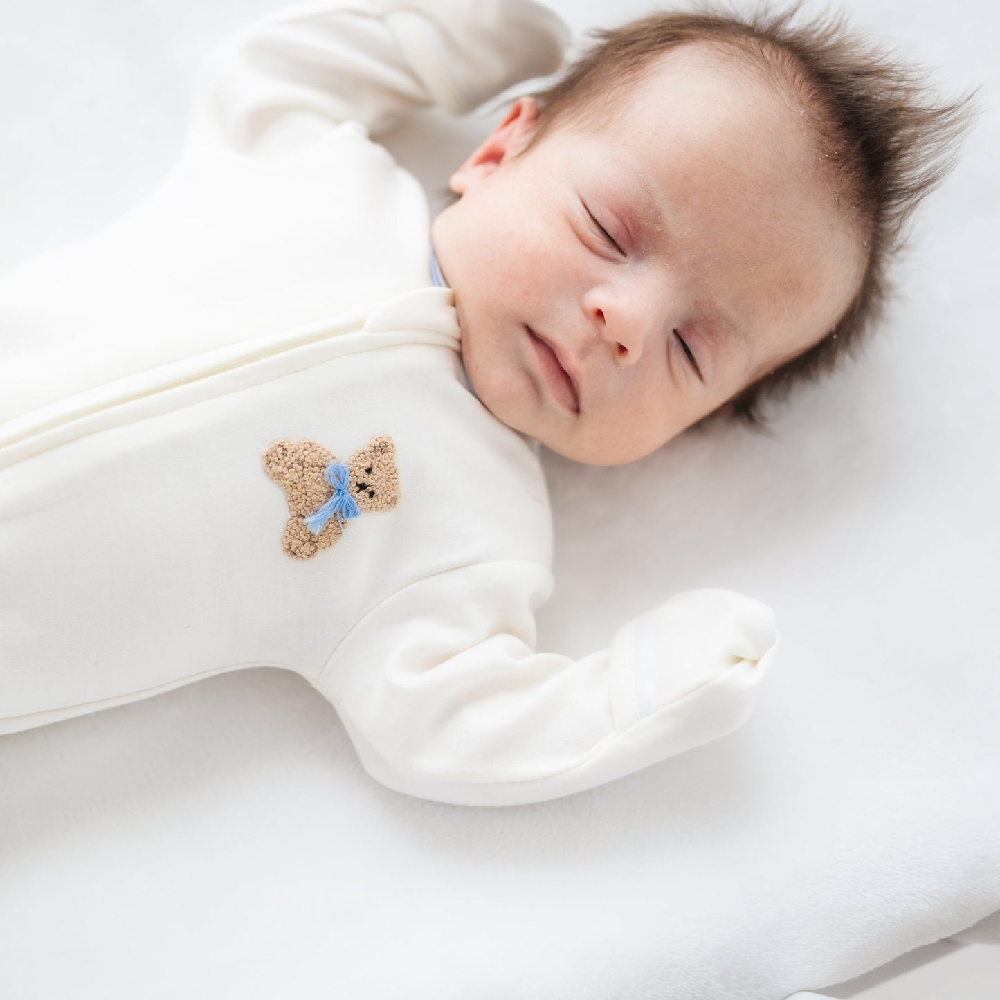 Bear Hugs Hand Embroidered Zip Footie - Sky - Magnolia BabyFootie
