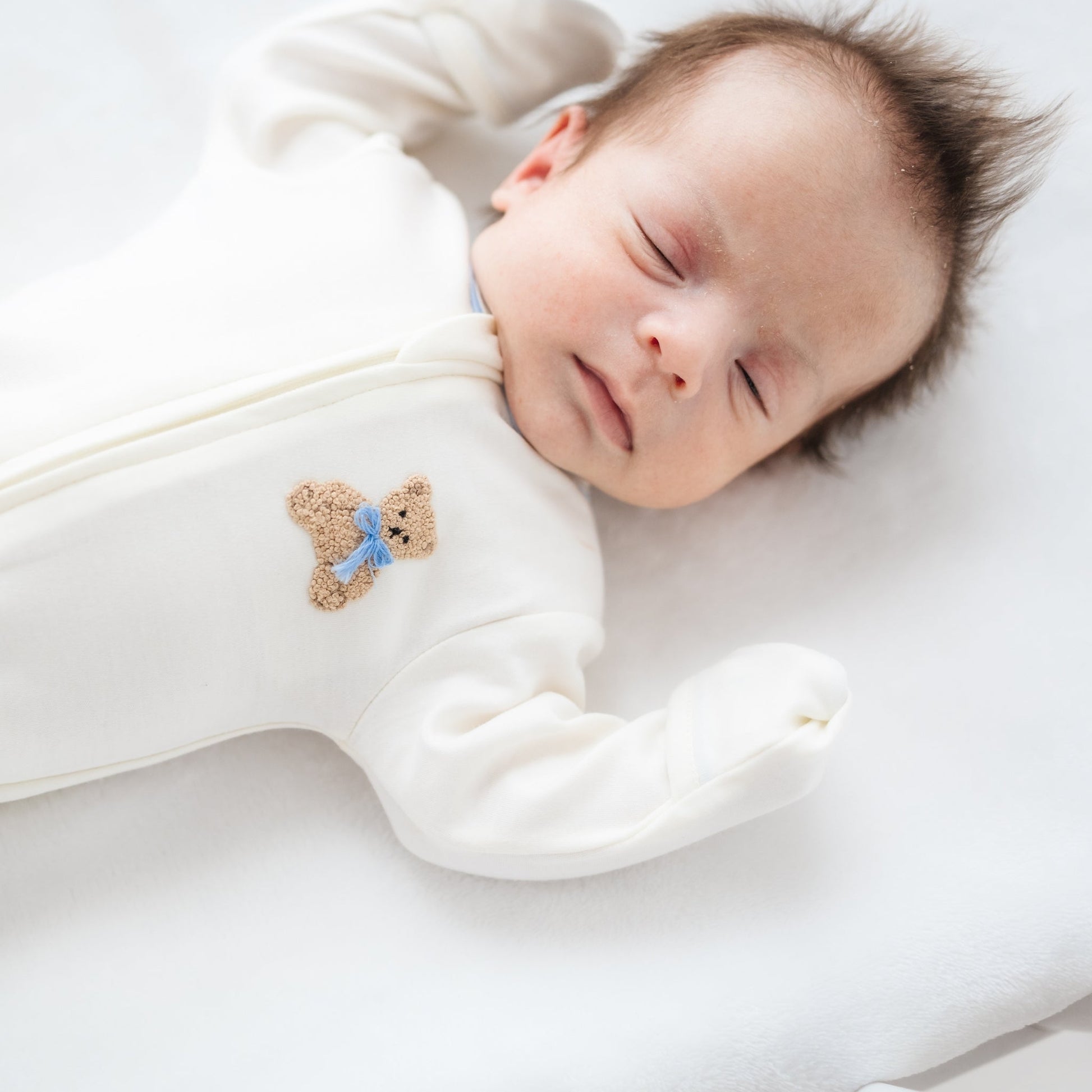 Bear Hugs Hand Embroidered Zip Footie - Sky - Magnolia BabyFootie