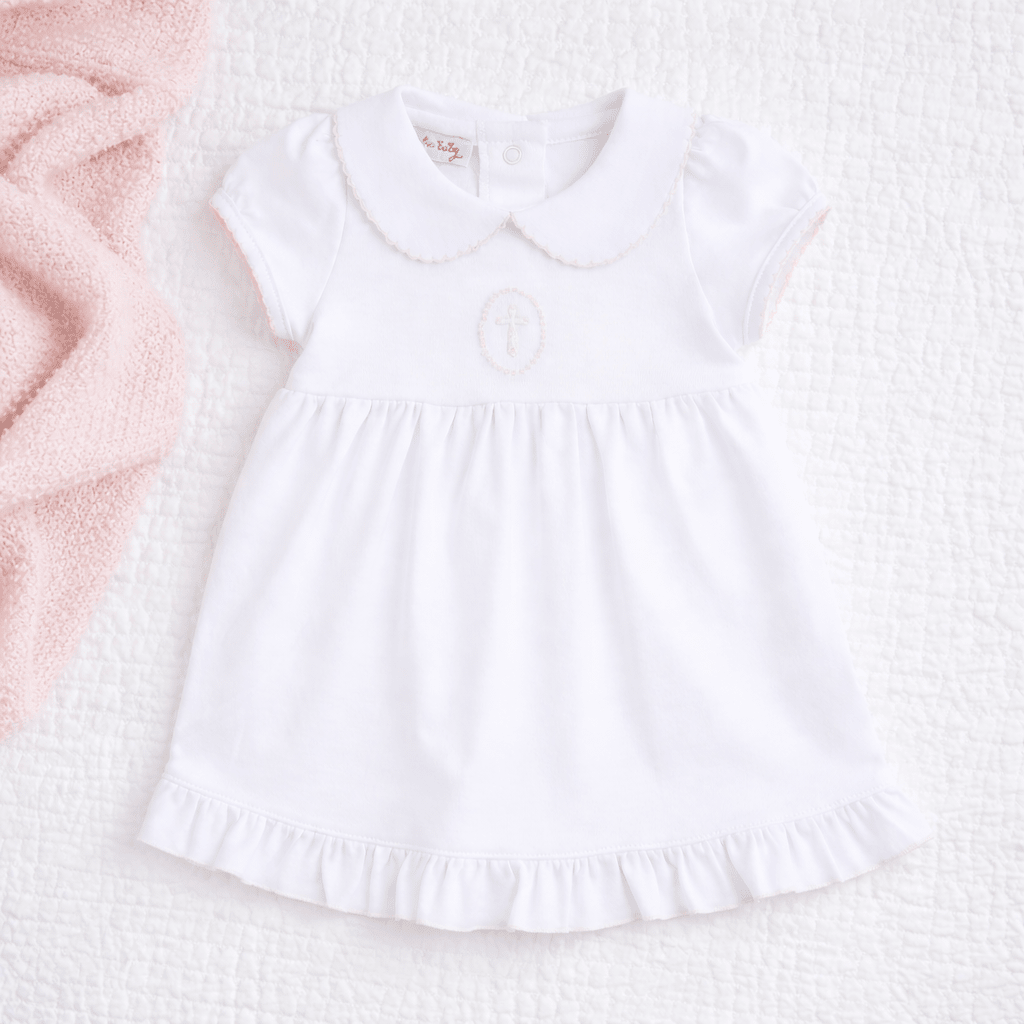 Blessed Embroidered Collared Short Sleeve Dress - Pink - Magnolia BabyDress