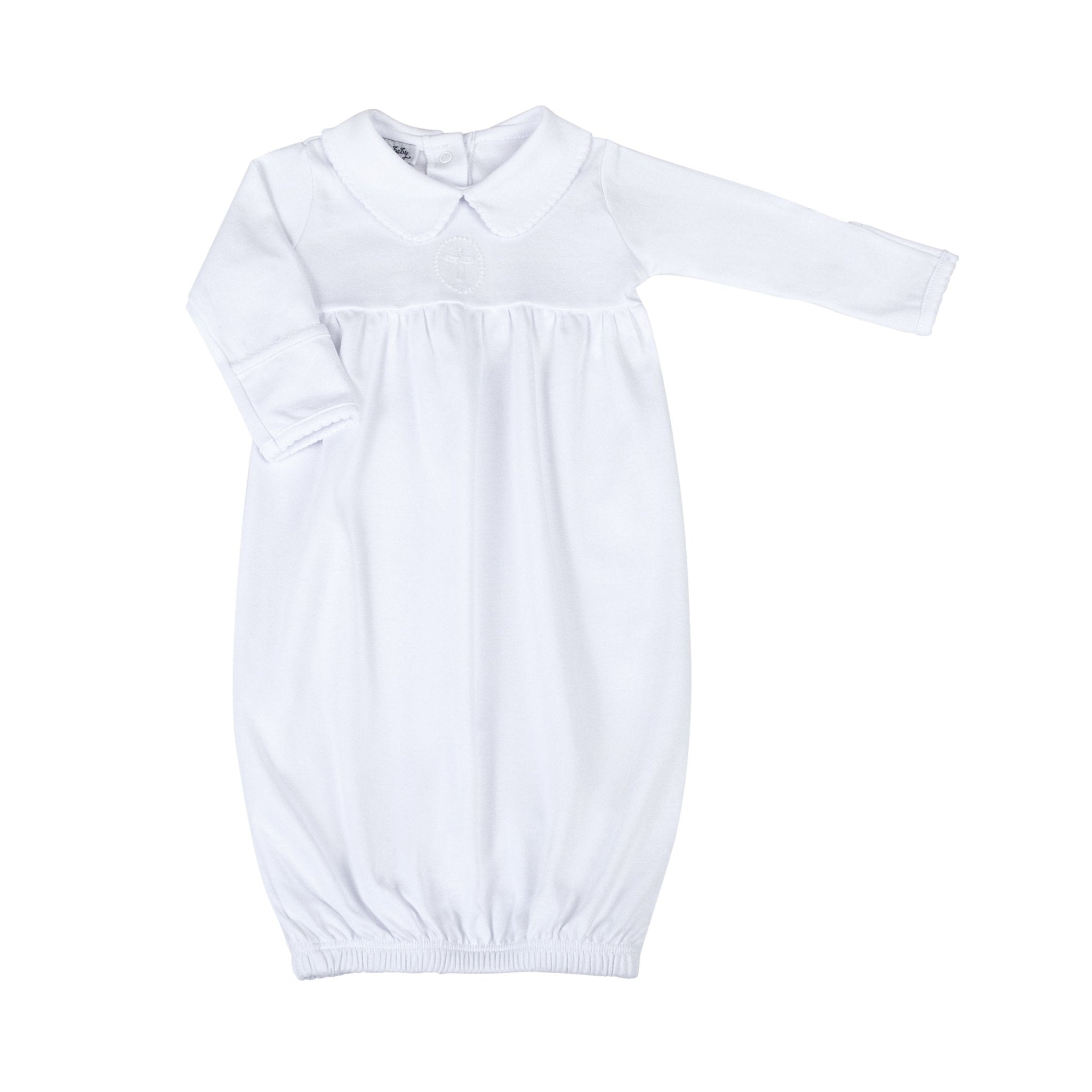 Blessed Embroidered Collared Unisex Long Sleeve Gown - White - Magnolia Baby Unisex