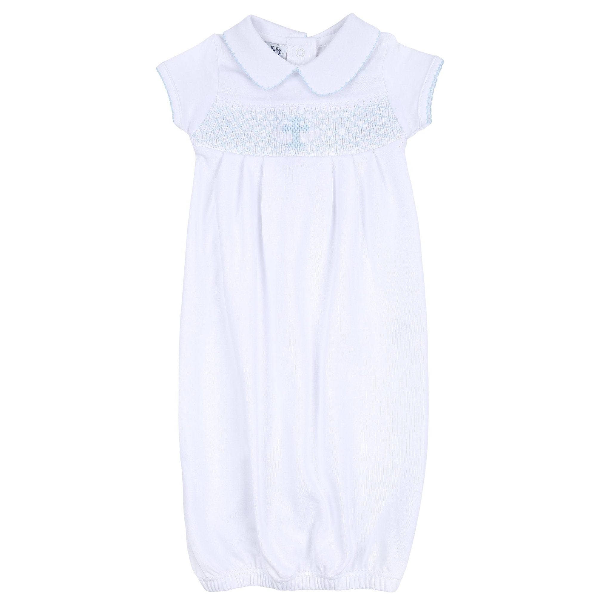 Blessed Smocked Collared Short Sleeve Gown - Blue - Magnolia BabyGown