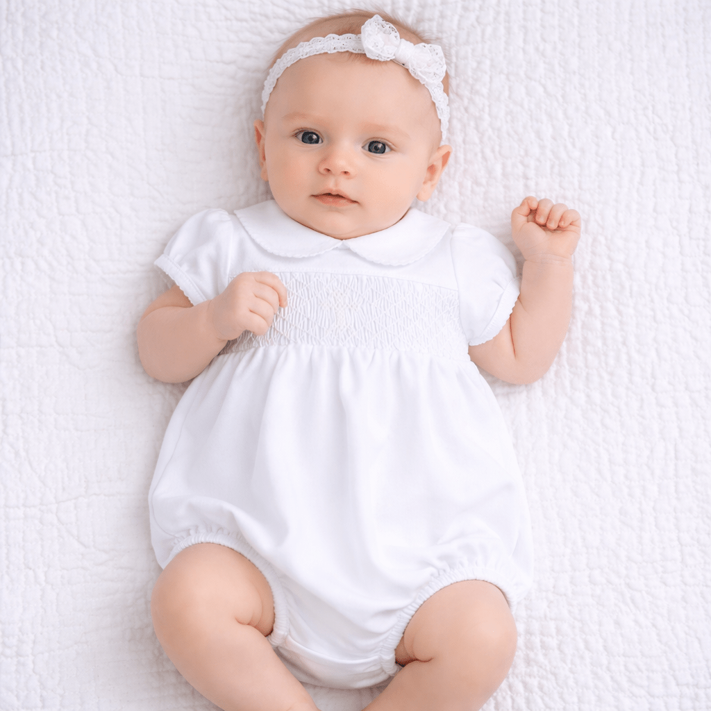 Blessed Smocked Girl Bubble - White - Magnolia BabyBubble