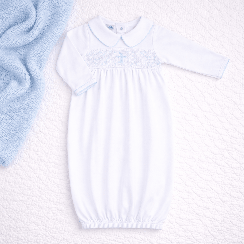 Blessed Smocked Long Sleeve Gown - Blue - Magnolia BabyGown