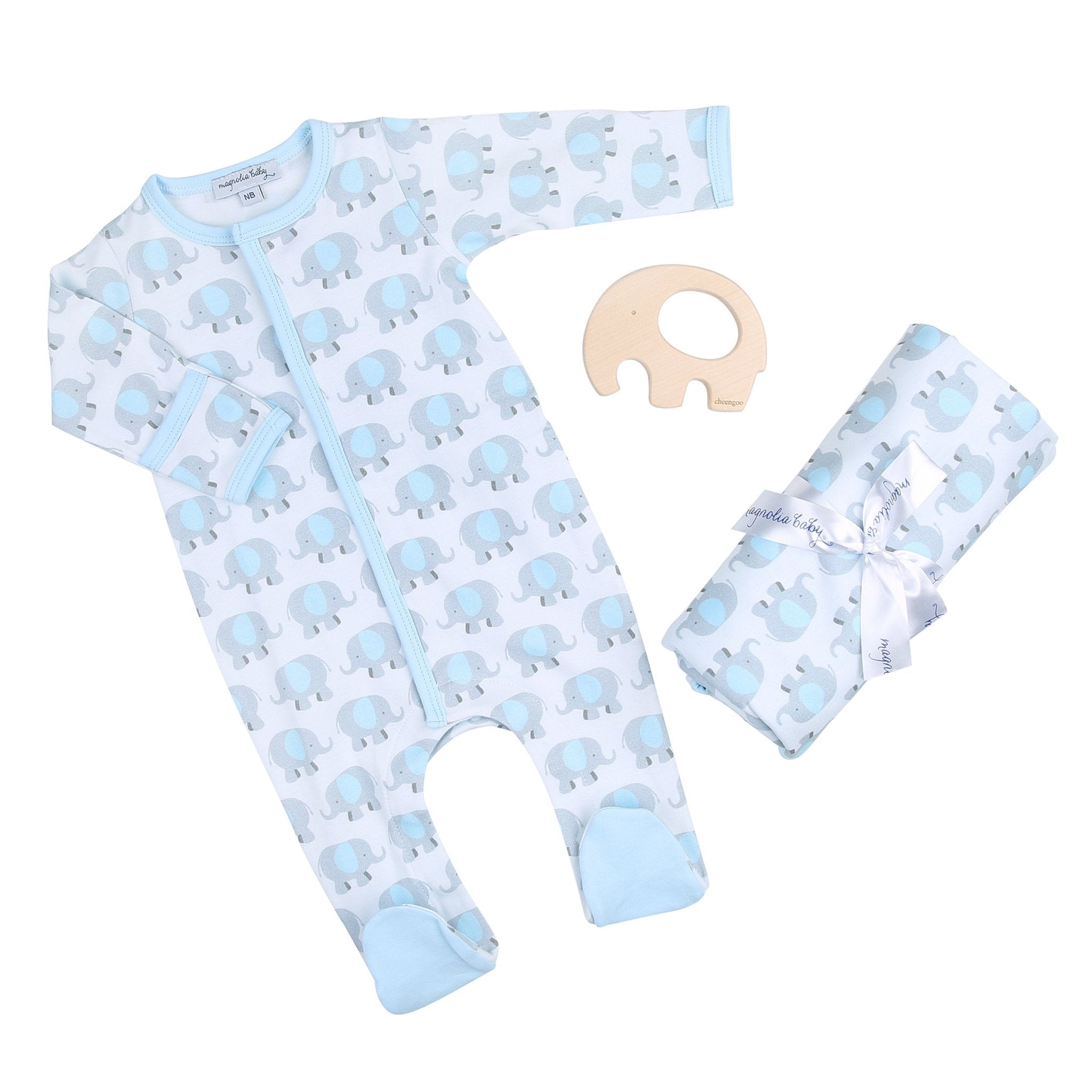 Blue Elephant Gift Set - Footie + Blanket + Teether - Magnolia BabyGift Set