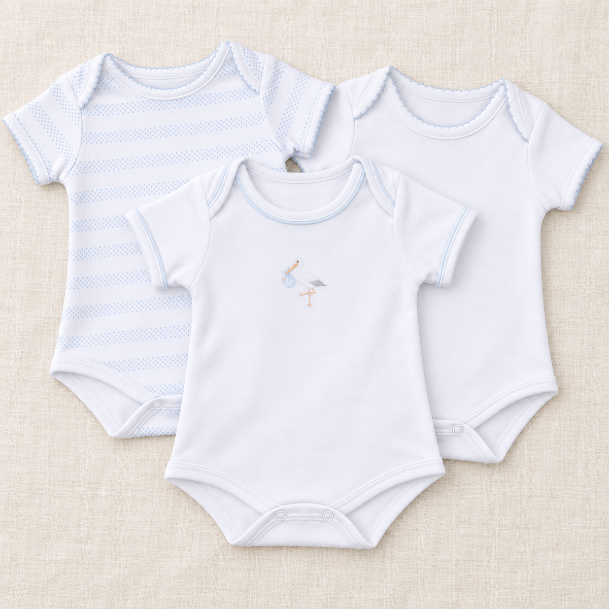 Baby Boy Bodysuit Set - Vintage Stork Blue + Essentials - Set of 3