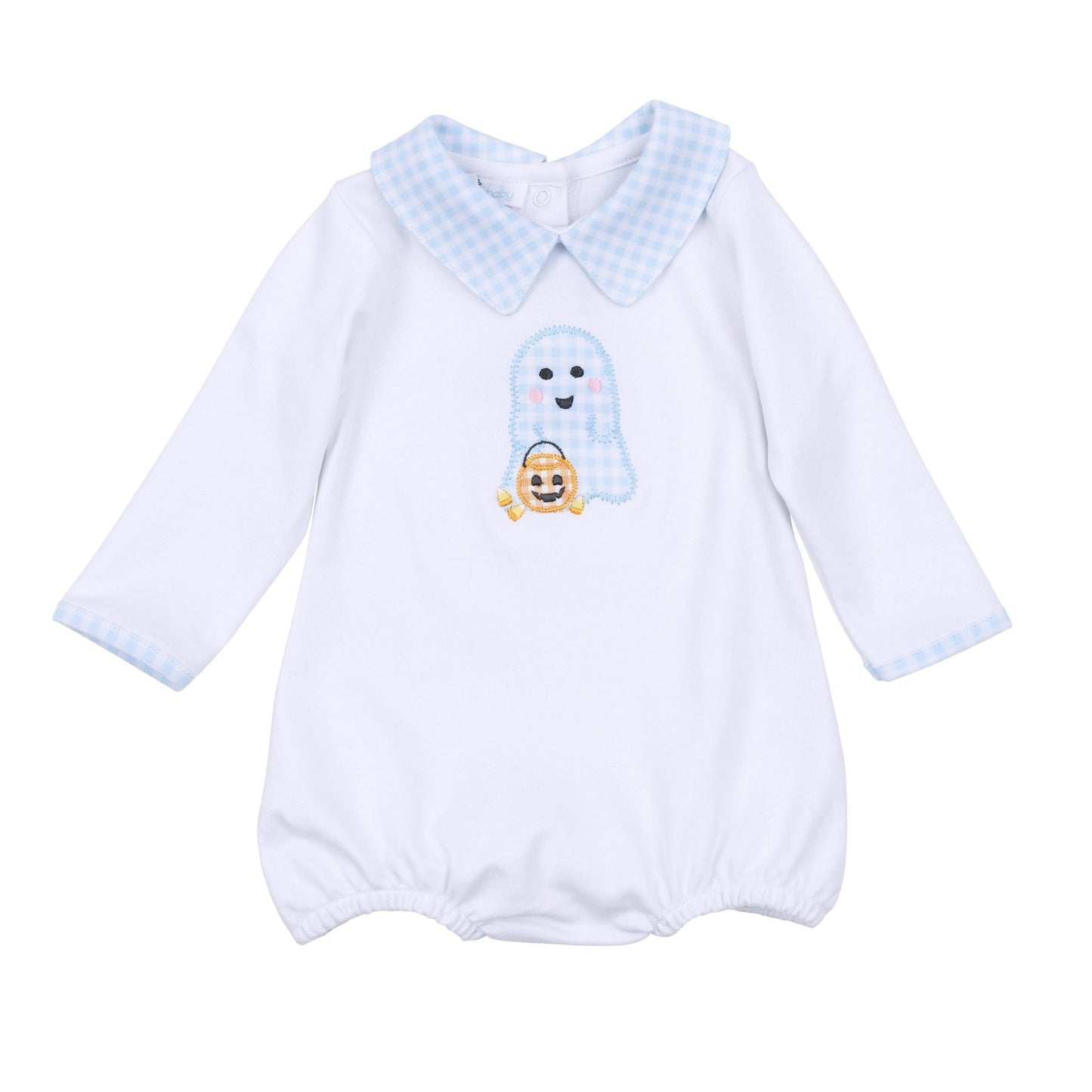 Boo Crew! Applique Collared Long Sleeve Bubble - Light Blue - Magnolia BabyBubble