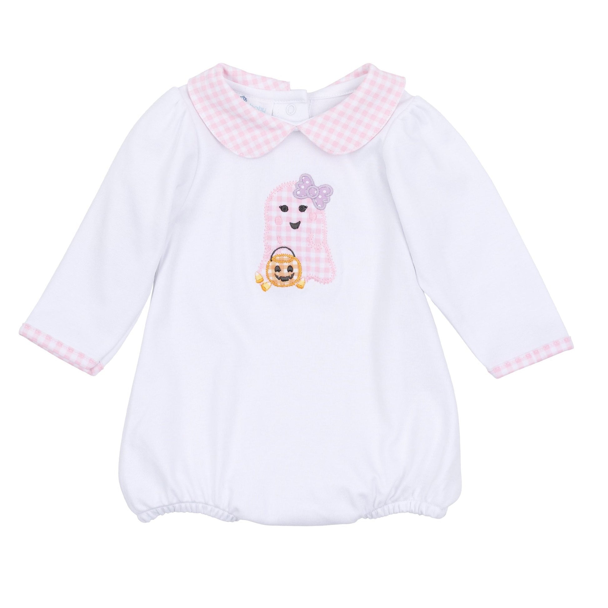 Boo Crew! Applique Collared Long Sleeve Bubble - Pink - Magnolia BabyBubble