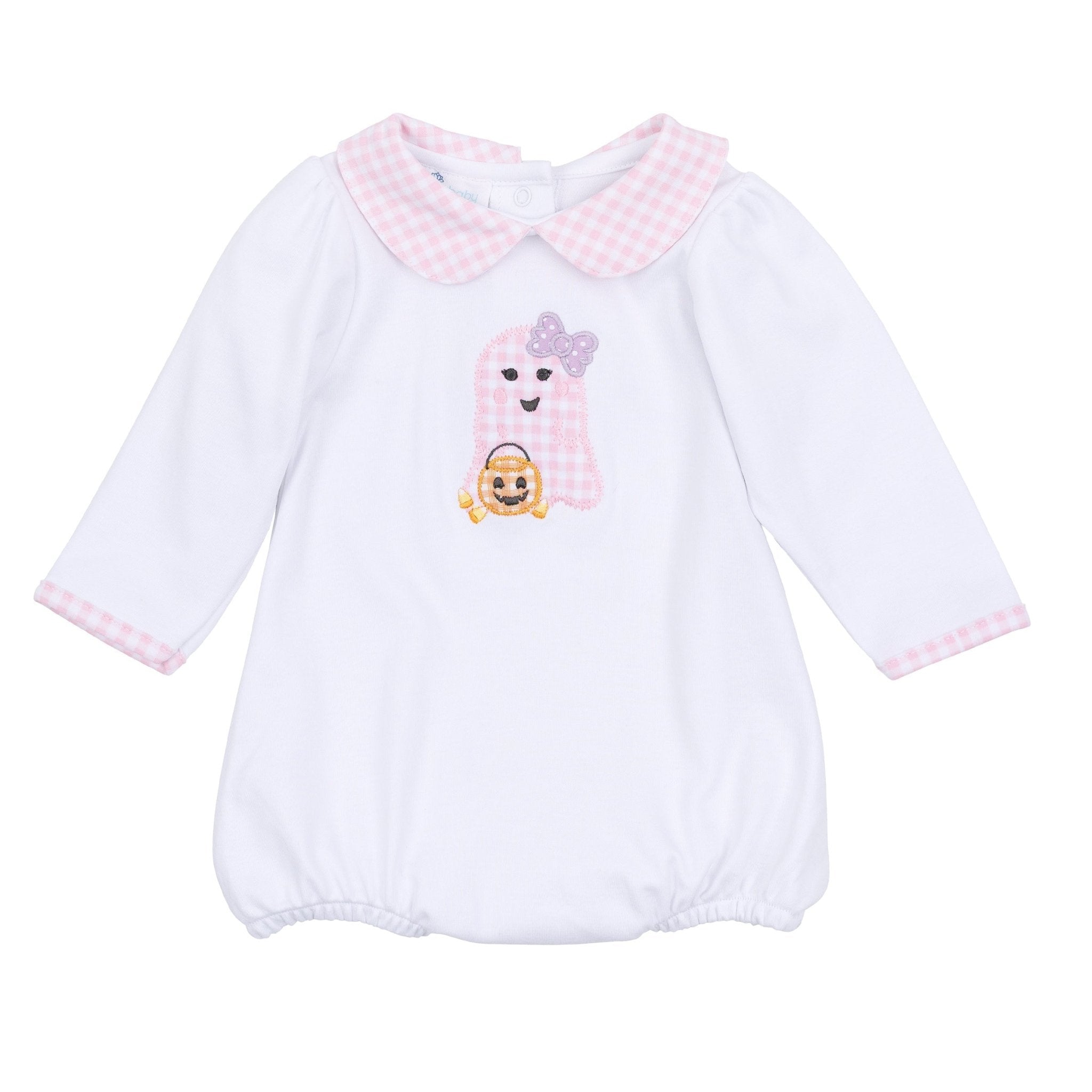 Boo Crew! Applique Collared Long Sleeve Bubble - Pink - Magnolia BabyBubble