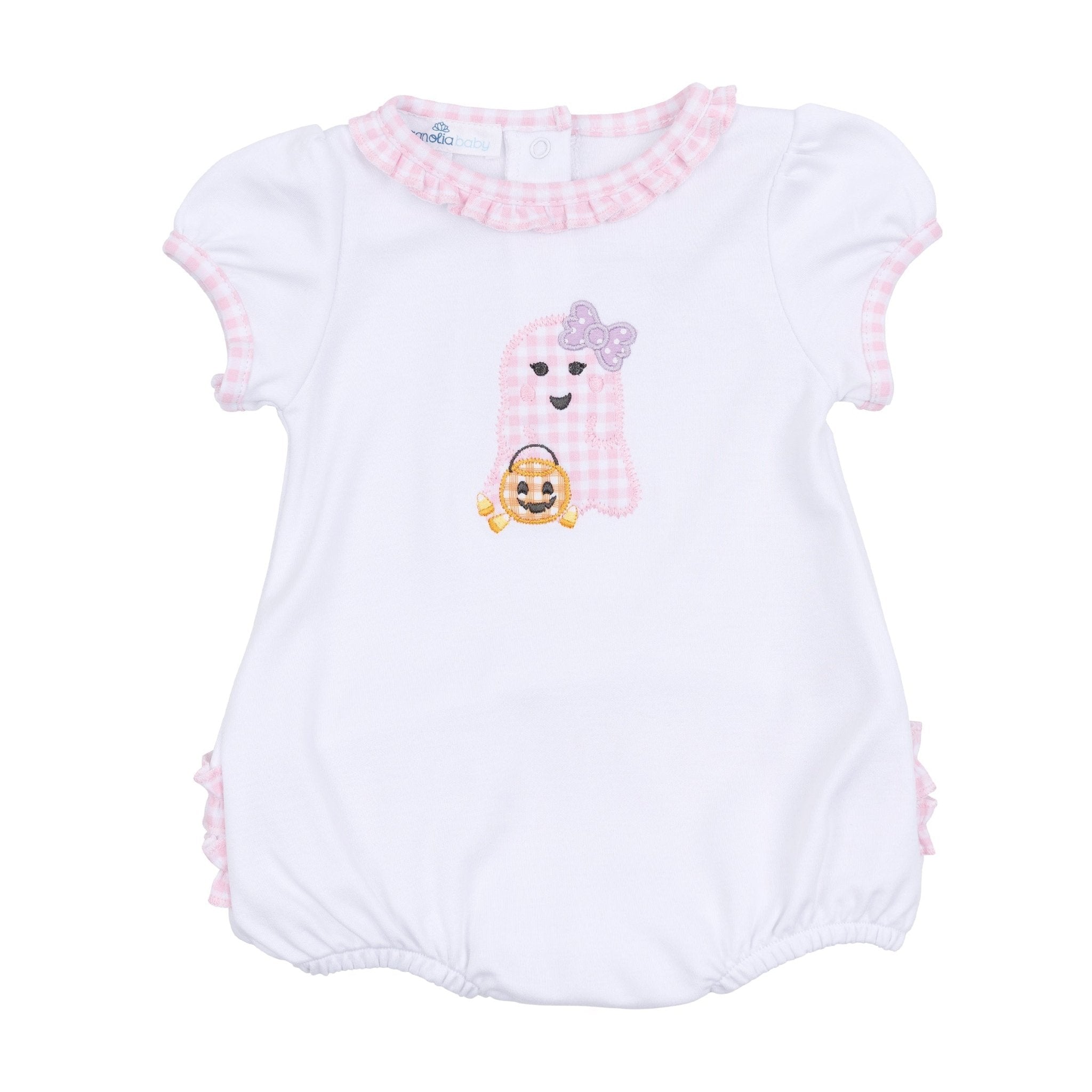 Boo Crew! Applique Ruffle Short Sleeve Bubble - Pink - Magnolia BabyBubble