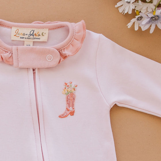 Boots and Blooms Ruffle Zip Footie - Pink - Luna and ArloFootie
