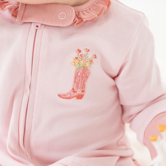 Boots and Blooms Ruffle Zip Footie - Pink - Luna and ArloFootie