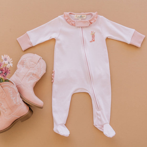 Boots and Blooms Ruffle Zip Footie - Pink - Luna and ArloFootie