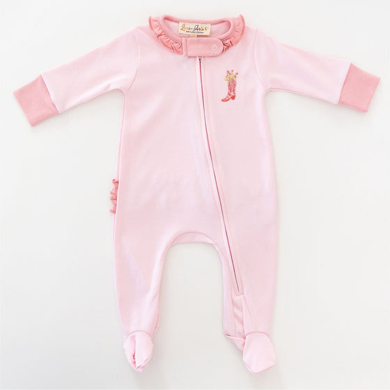 Boots and Blooms Ruffle Zip Footie - Pink - Luna and ArloFootie