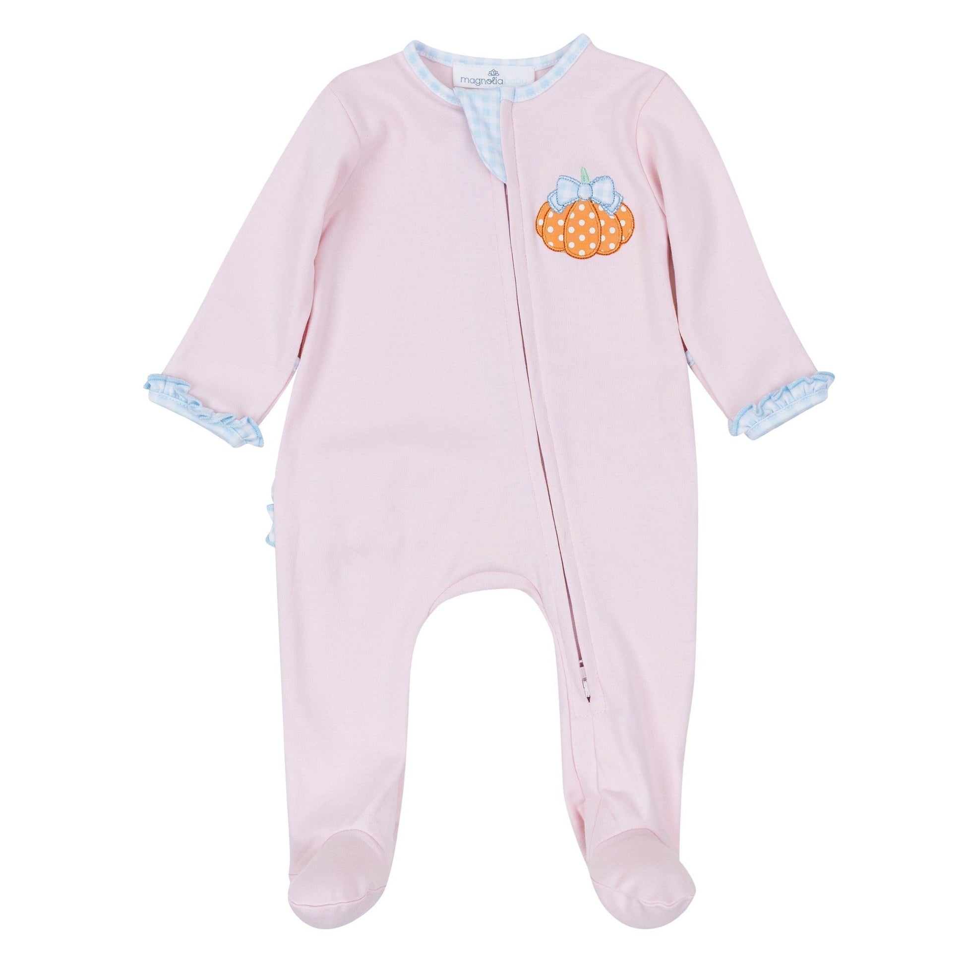 Magnolia Baby_Bowtique Pumpkin Applique Ruffle Zip Footie_1