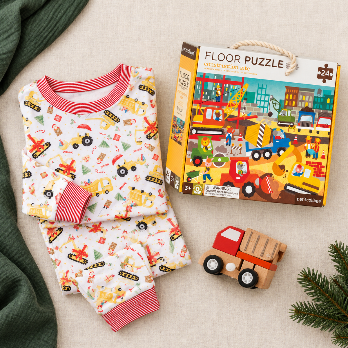 Boy Christmas Pajamas Gift Set - Santa's Construction Crew flatlay