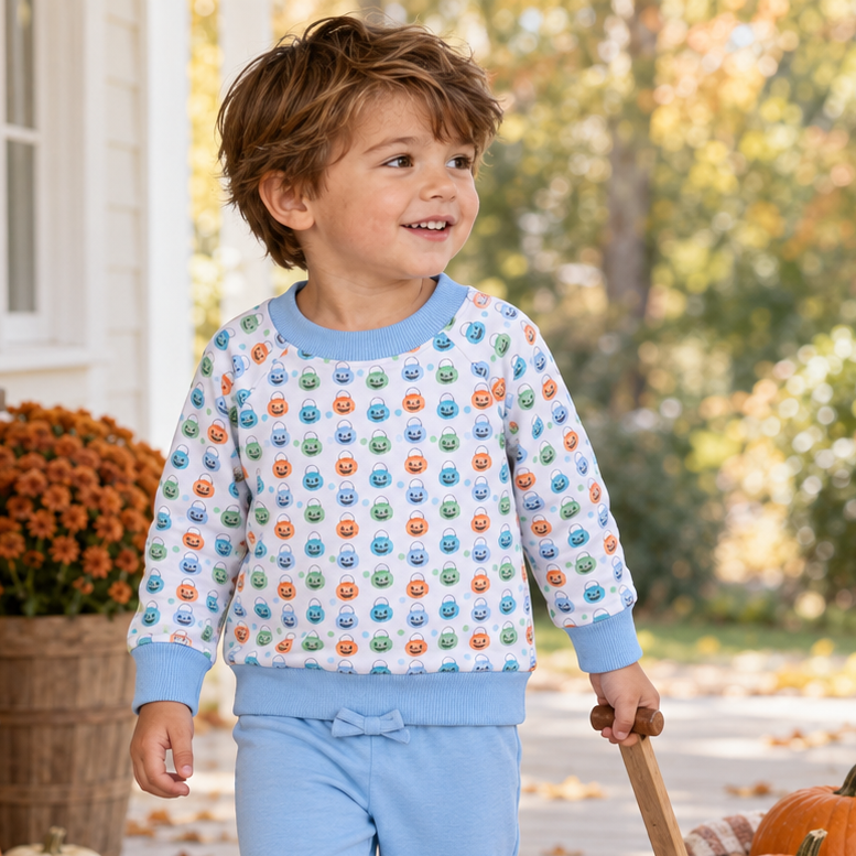 Pumpkin Party Print Pullover Sweatshirt - Light Blue