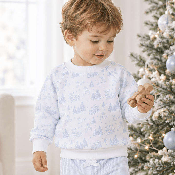 Holiday Toile Pullover Sweatshirt - White Light Blue