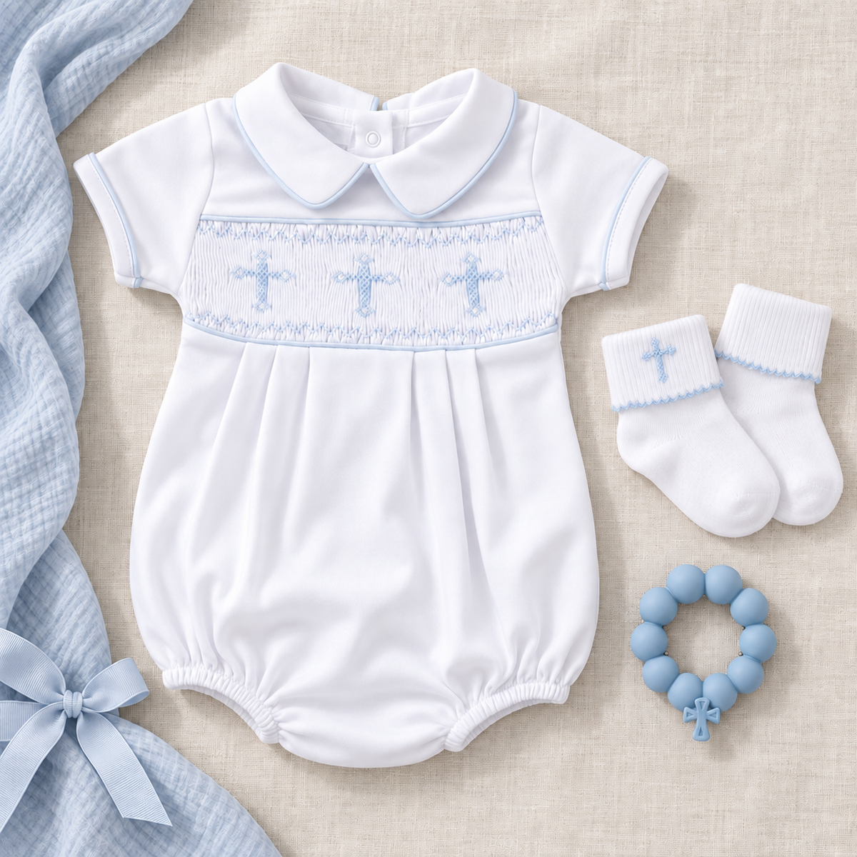 Baby Boy Smocked Bubble Gift Set - Forever Blessed