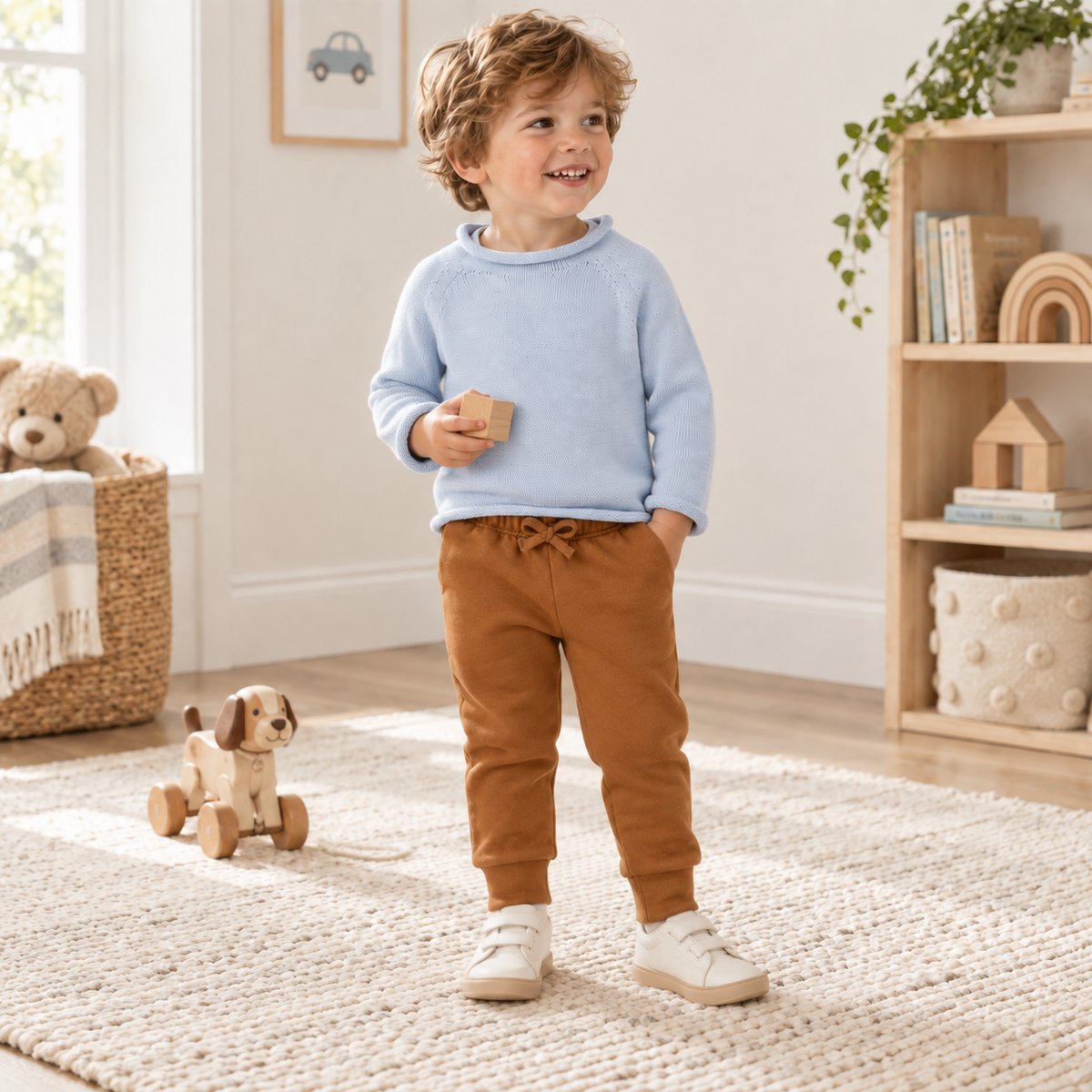 Boy Playwear Set - Light Blue Rollneck Sweater & Chestnut Joggers