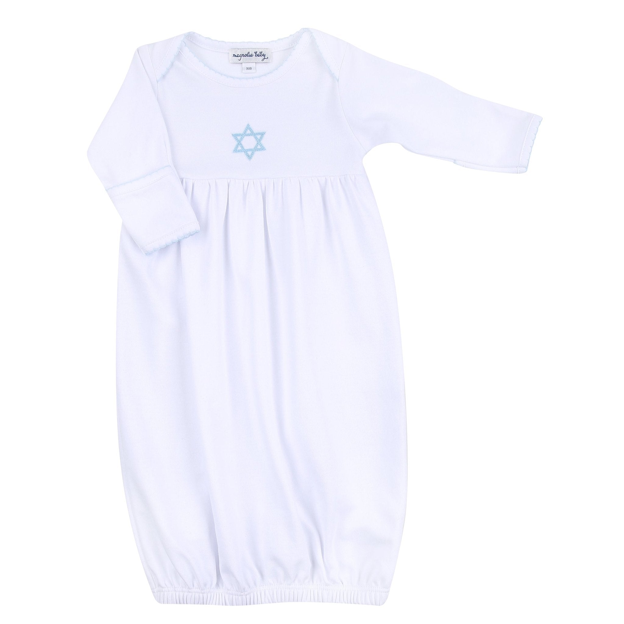 Brit Milah White Blue Embroidered Gathered Gown - Magnolia BabyGown
