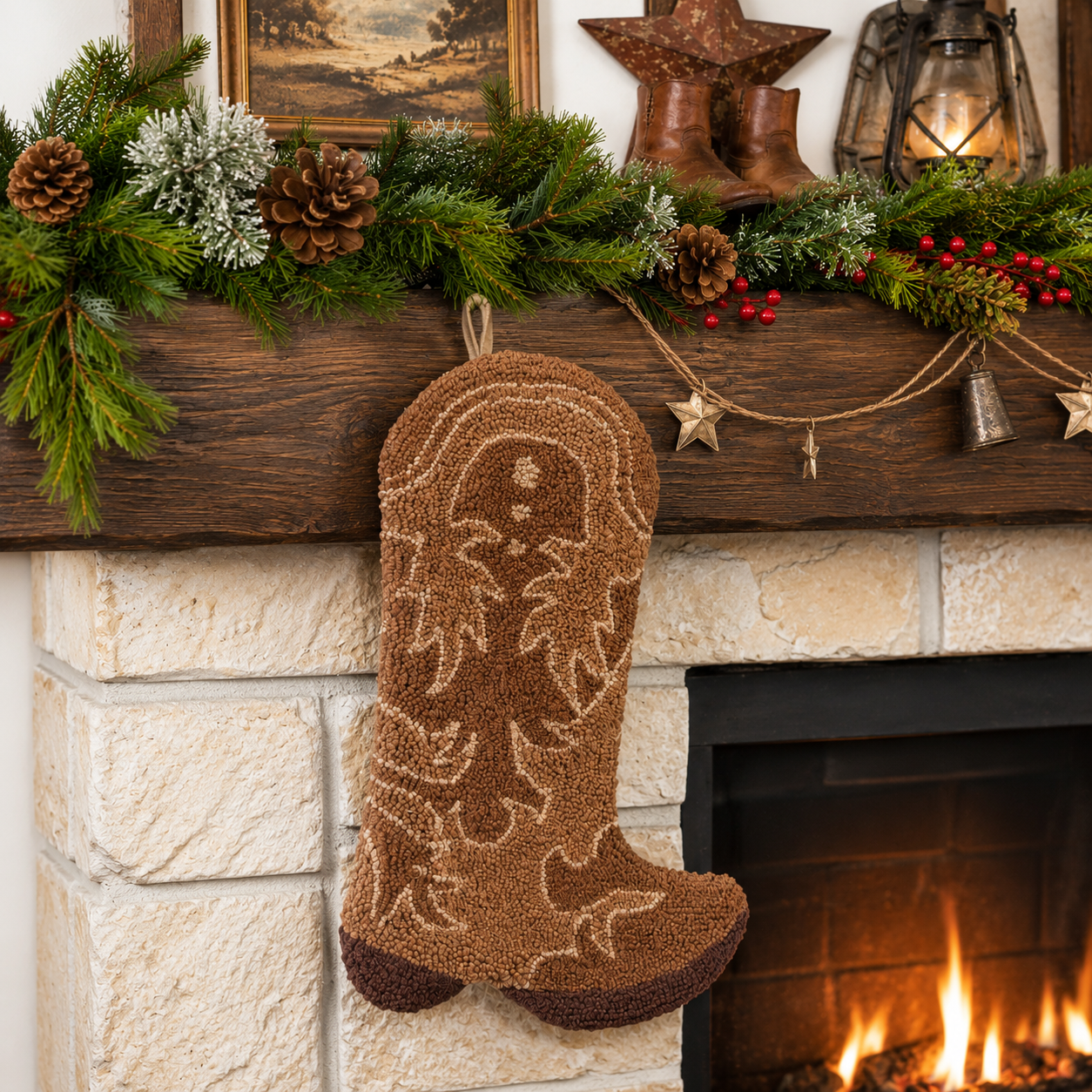Brown Cowboy Boot Christmas Stocking