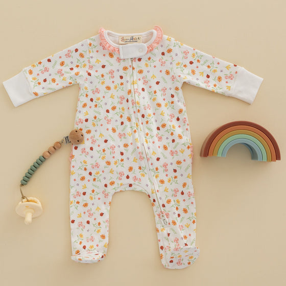 Bugs and Blossoms Ruffle Zip Footie - Magnolia BabyFootie