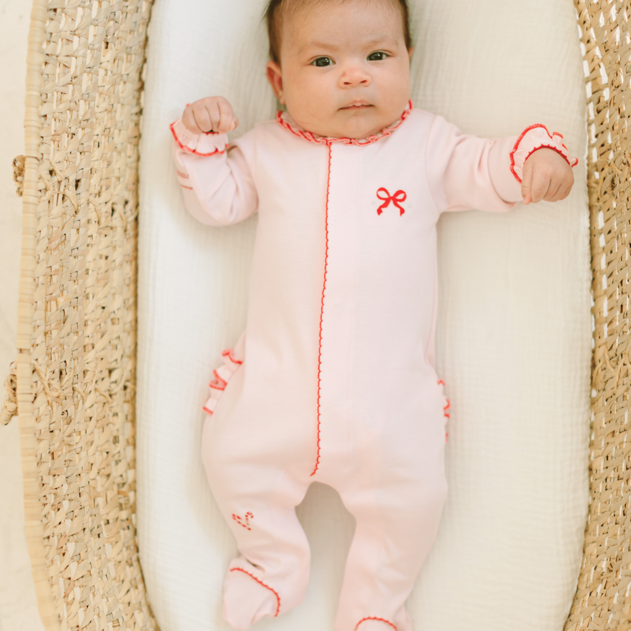 Candy Cane Lane Embroidered Ruffle Footie - Magnolia BabyFootie