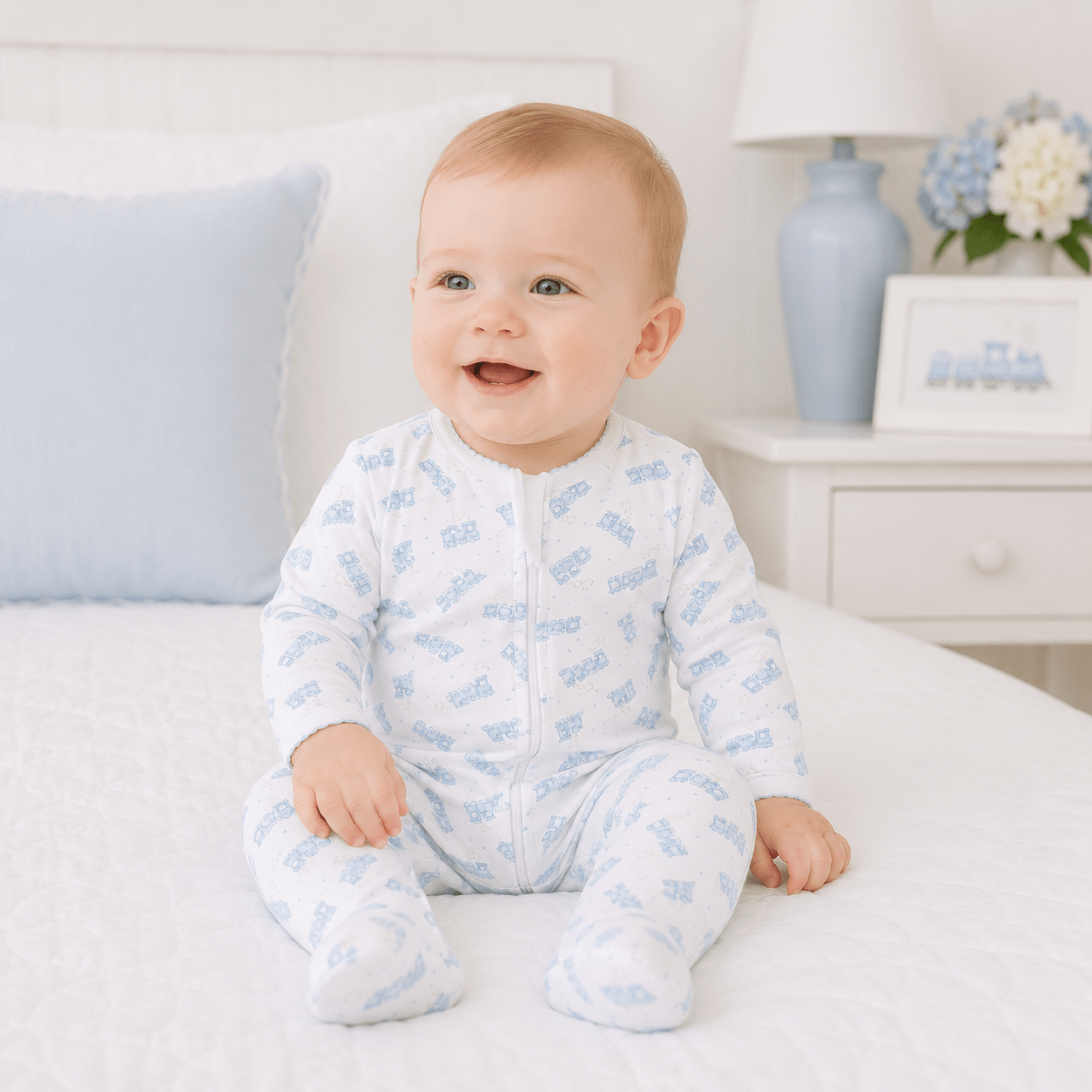 Choo Choo Train Print Zip Footie - Magnolia BabyFootie