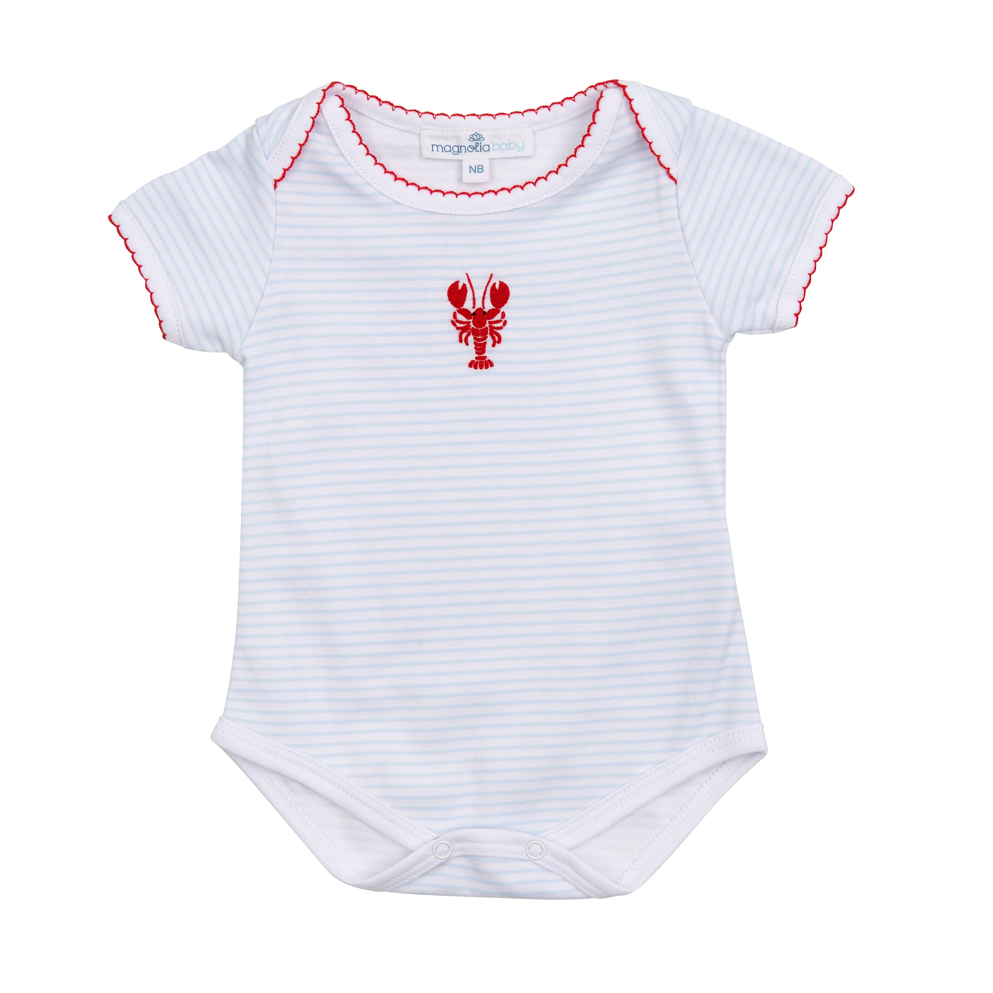 striped bodysuit with a hand embroidered red lobster on the chest by magnolia baby