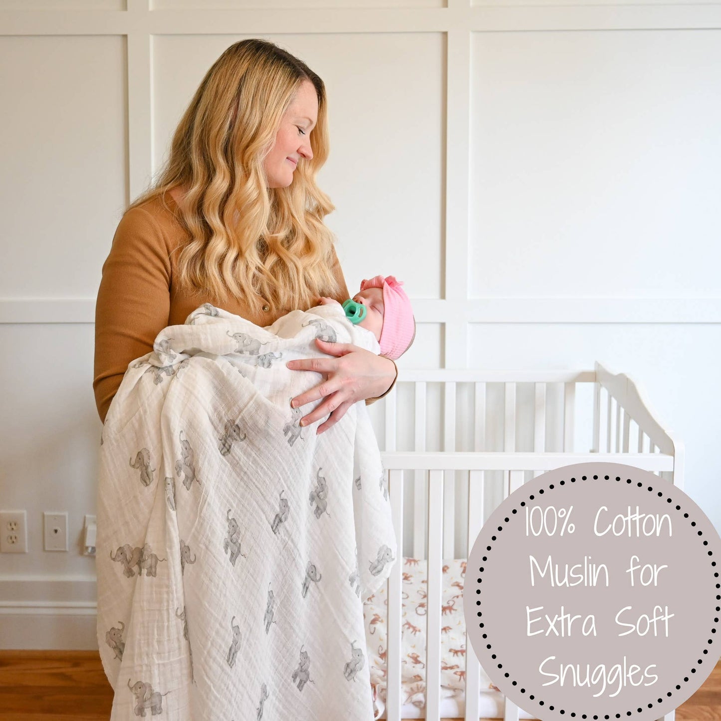 Cotton Muslin Swaddle Blanket - Baby Elephants - Magnolia BabySwaddle Blanket