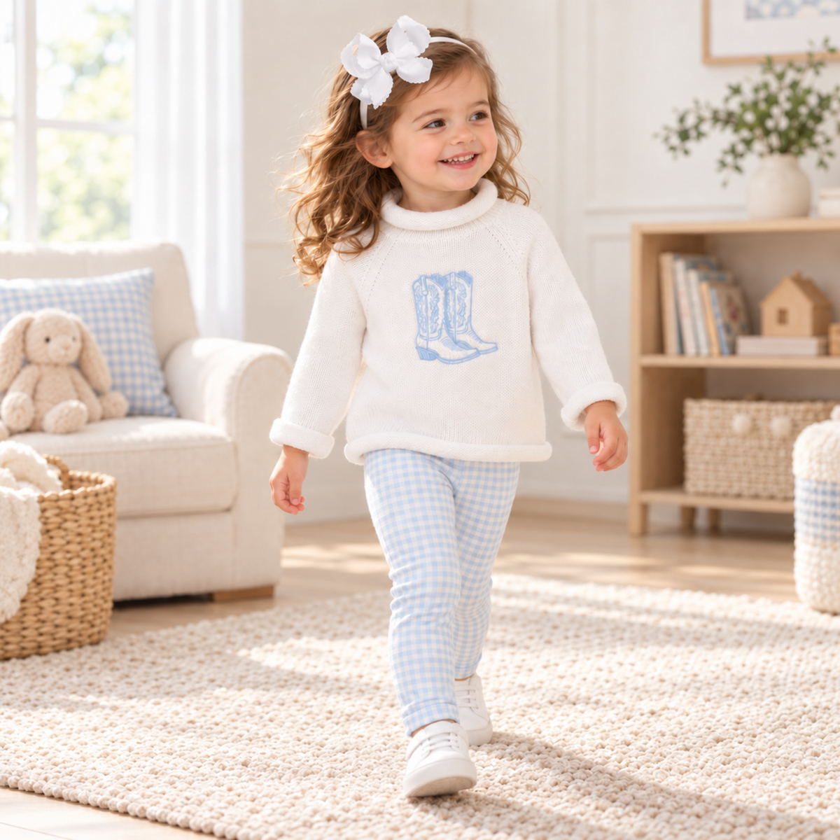 Girl Playwear Set - Blue Darling Cowboy Boots + Gingham Check Leggings