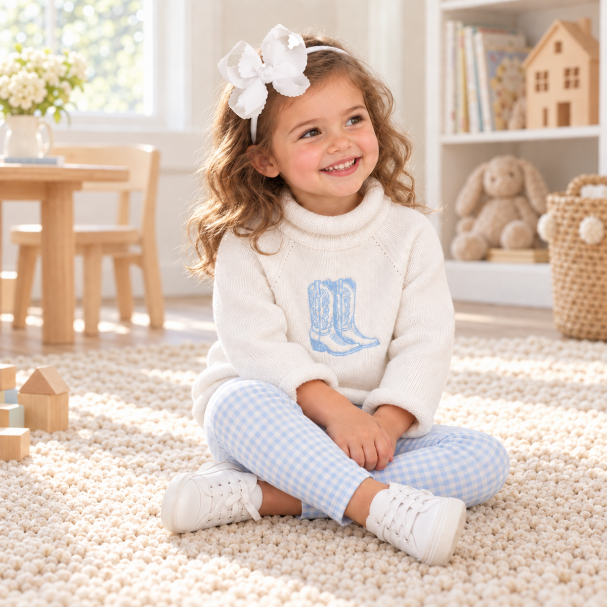 Girl Playwear Set - Blue Darling Cowboy Boots + Gingham Check Leggings