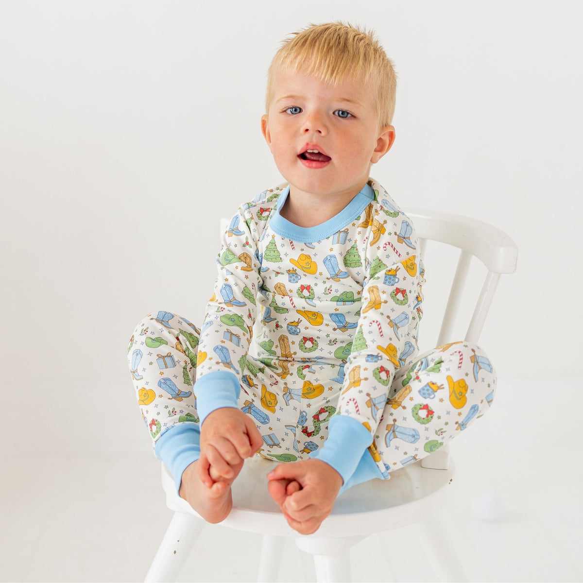 Luna and Arlo_Cowboy Christmas Long Pajamas - Sky_8