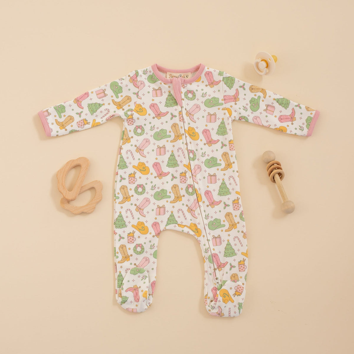 Luna and Arlo_Cowboy Christmas Zip Footie - Dusty Rose_5