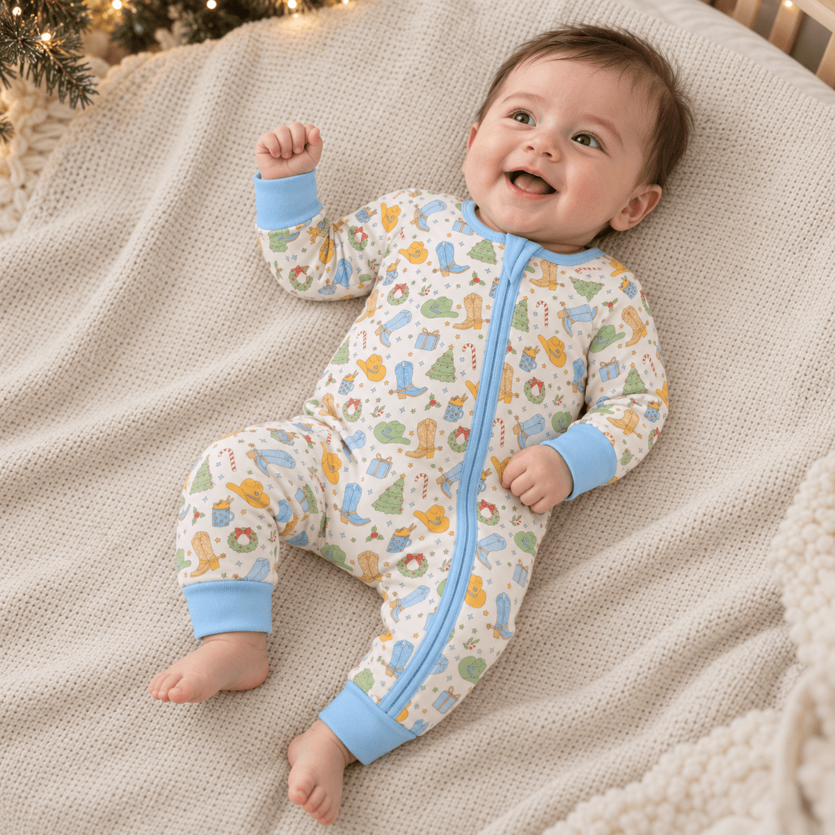 Luna and Arlo_Cowboy Christmas Zip Playsuit - Sky_1