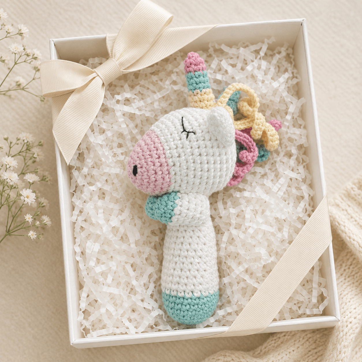 Crocheted Unicorn Stick Rattle - Magnolia BabyRattle