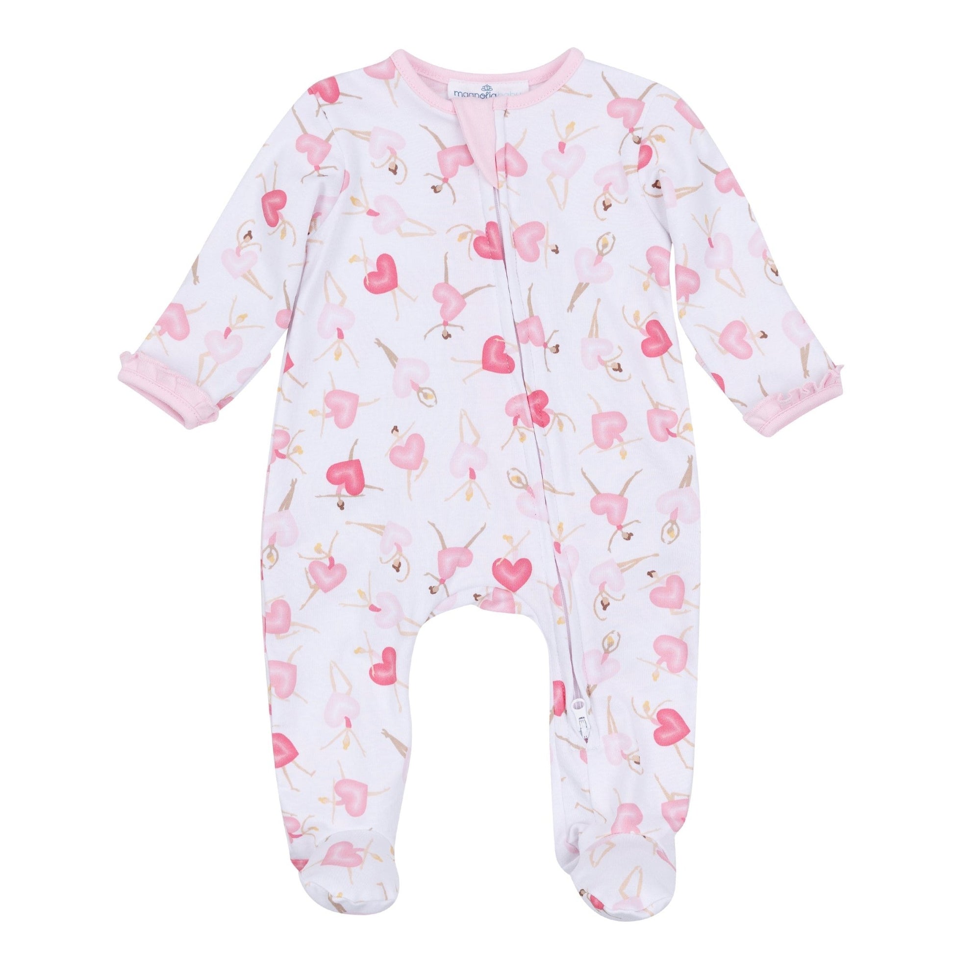 Dancing Hearts Ruffle Zip Footie - Magnolia BabyFootie