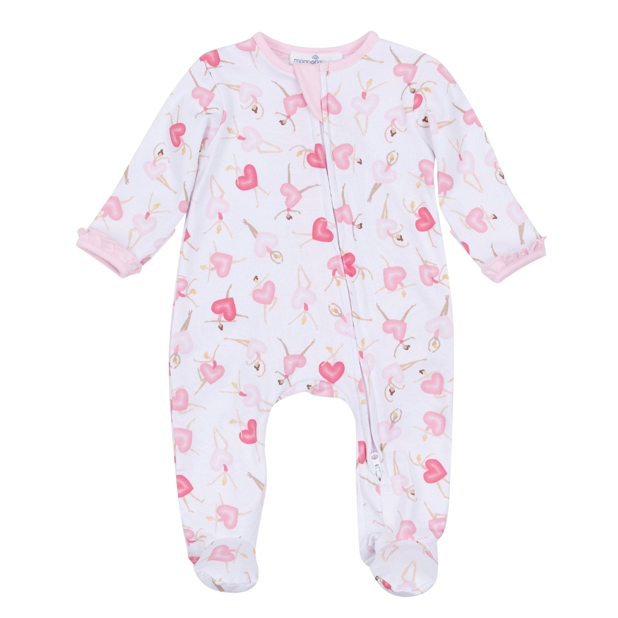 Dancing Hearts Ruffle Zip Footie - Magnolia BabyFootie