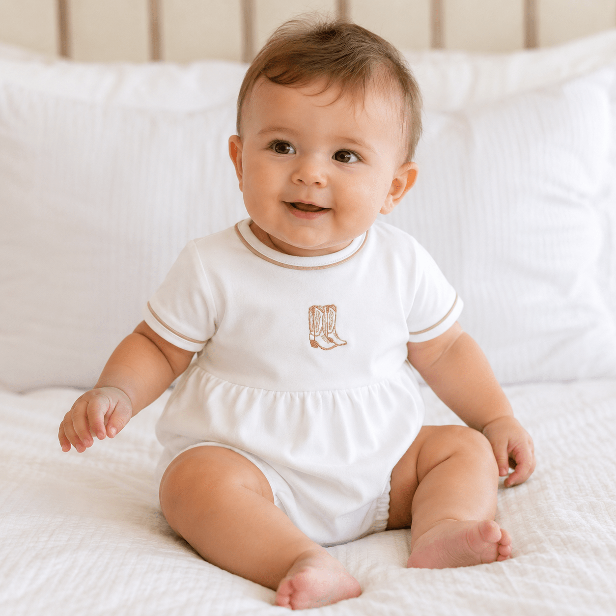 Darling Cowboy Boots Hand-Embroidered Bubble - Ivory - Magnolia BabyBubble
