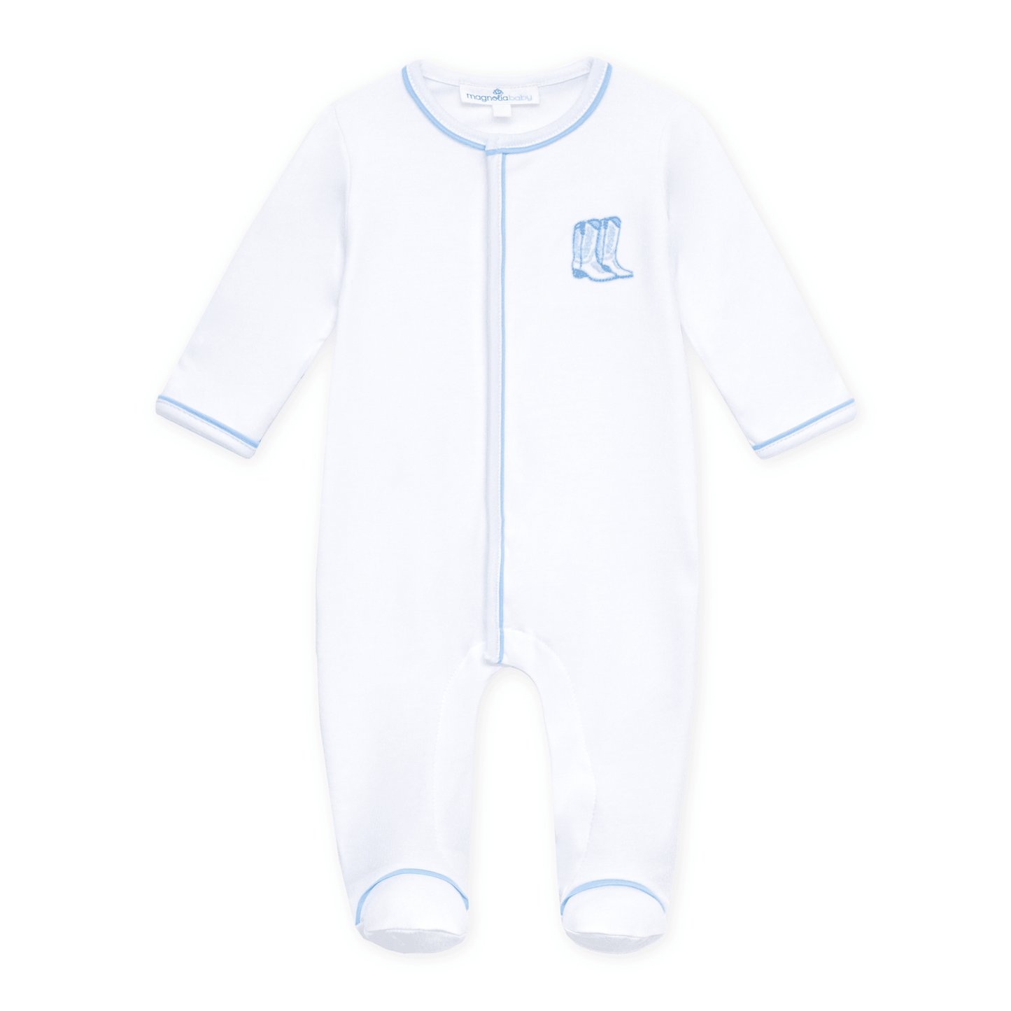 Darling Cowboy Boots Hand-Embroidered Footie - Light Blue - Magnolia BabyFootie