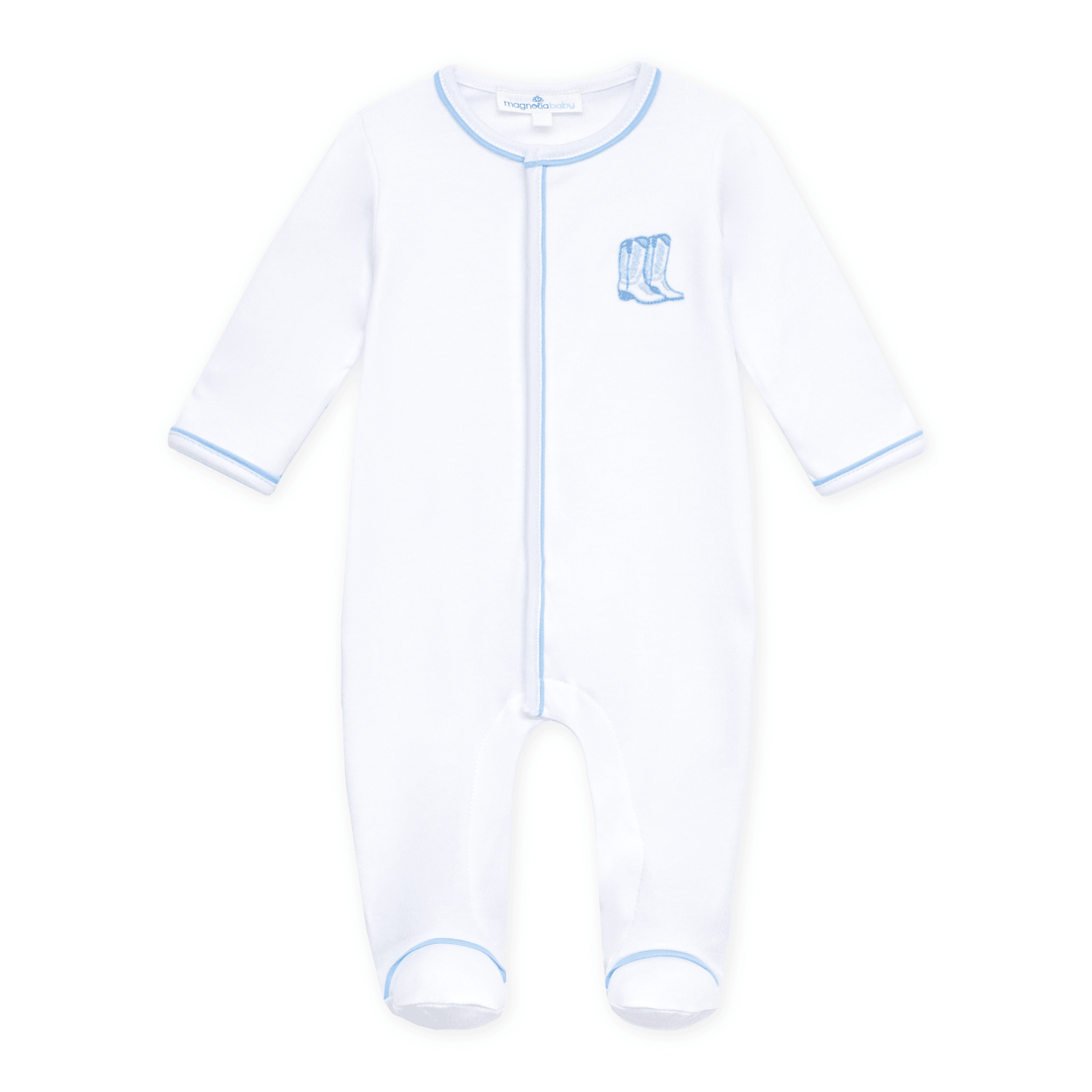 Darling Cowboy Boots Hand-Embroidered Footie - Light Blue - Magnolia BabyFootie
