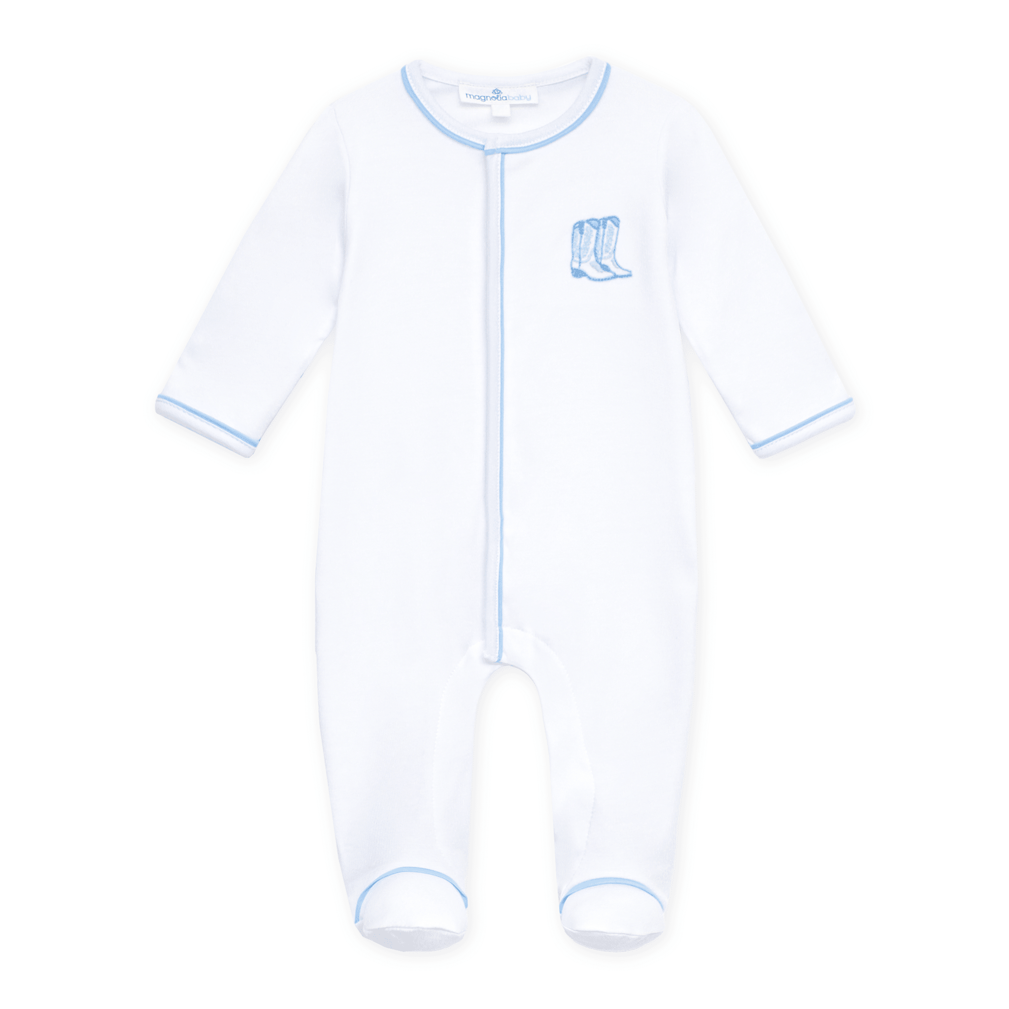 Darling Cowboy Boots Hand-Embroidered Footie - Light Blue - Magnolia BabyFootie