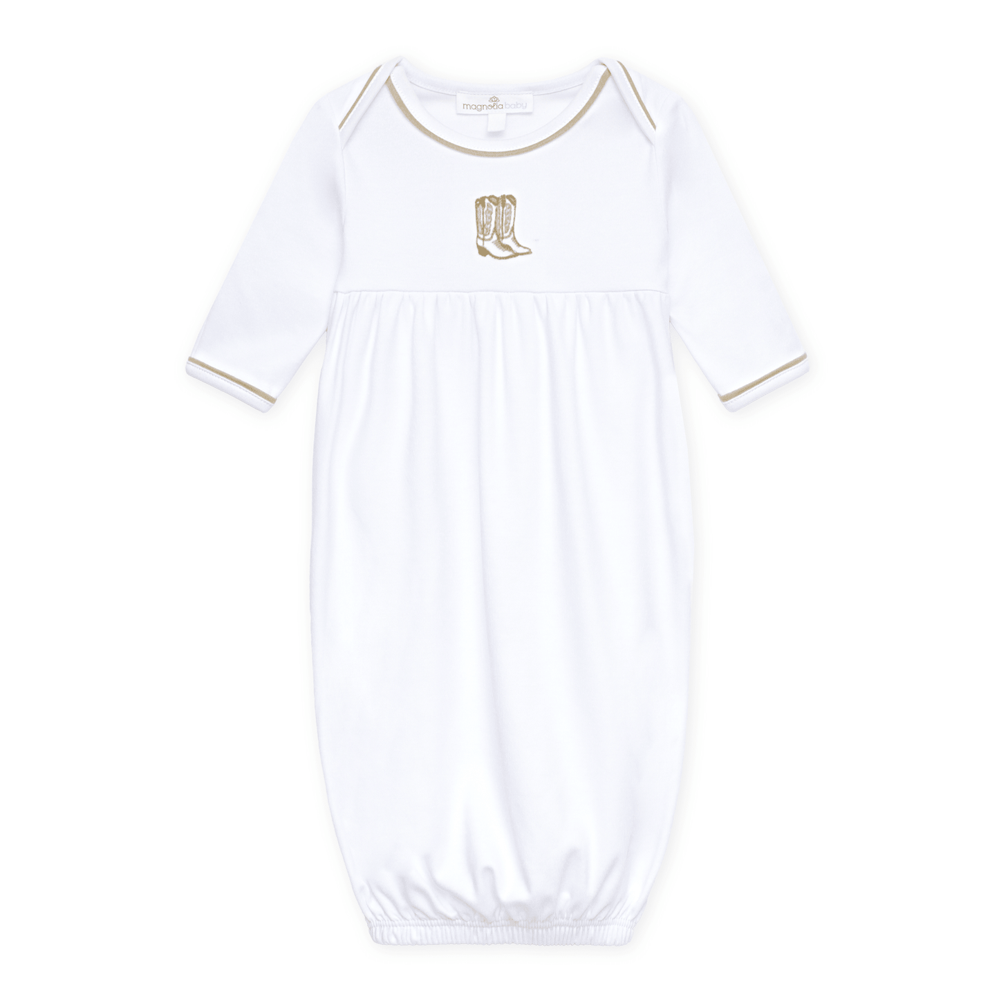 Darling Cowboy Boots Hand-Embroidered Gathered Gown - Ivory - Magnolia BabyGown