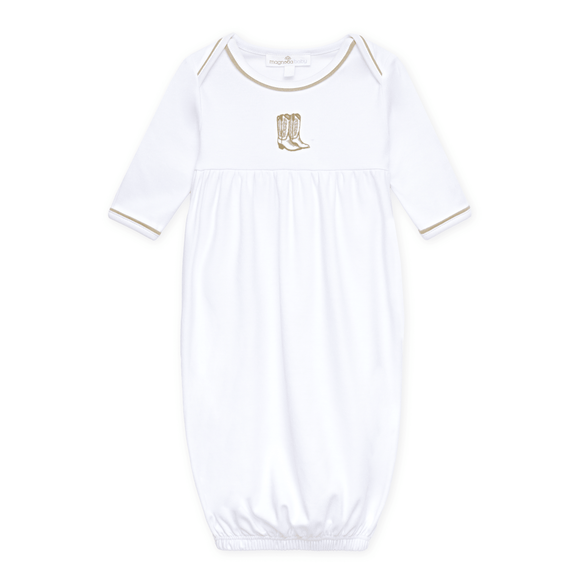 Darling Cowboy Boots Hand-Embroidered Gathered Gown - Ivory - Magnolia BabyGown