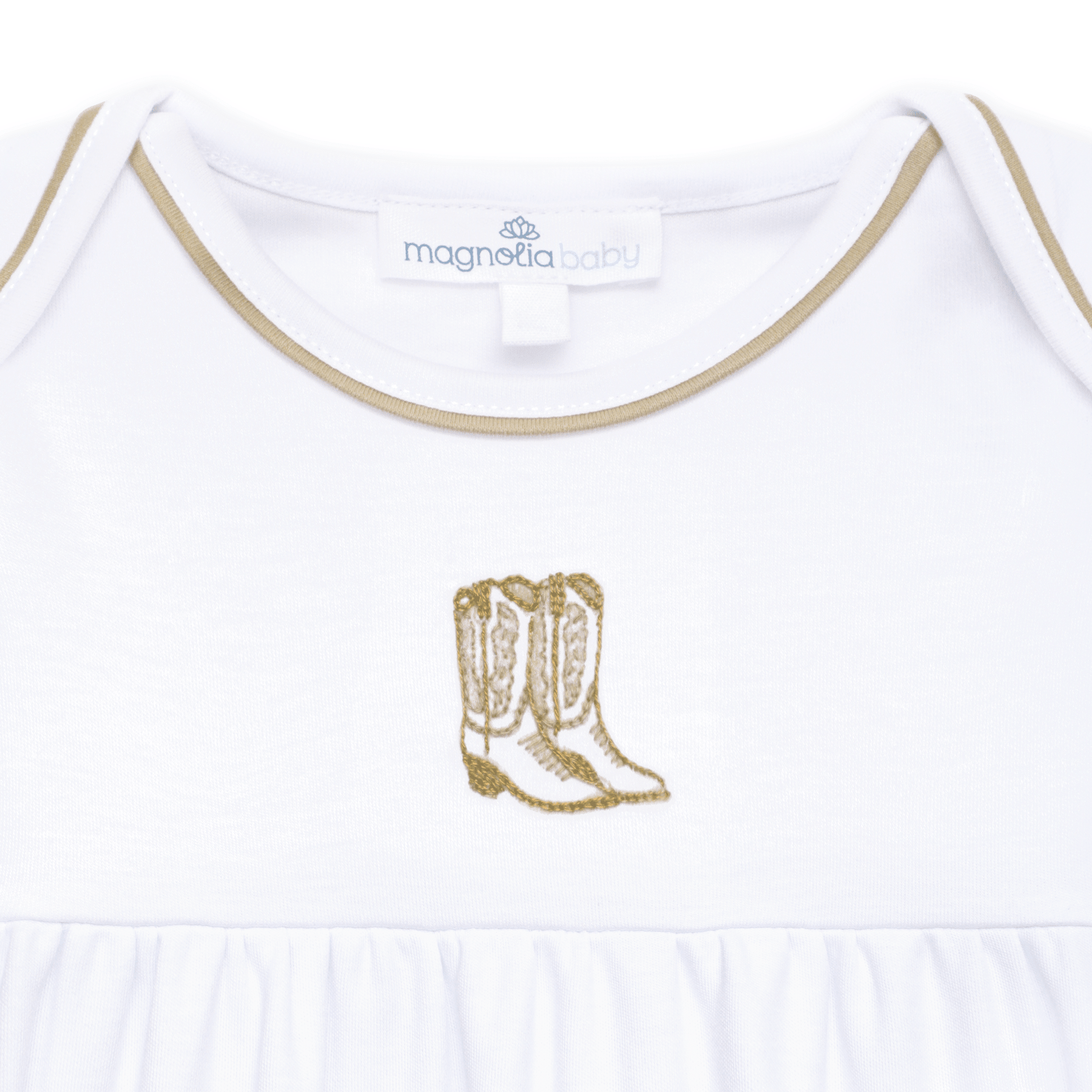 Darling Cowboy Boots Hand-Embroidered Gathered Gown - Ivory - Magnolia BabyGown