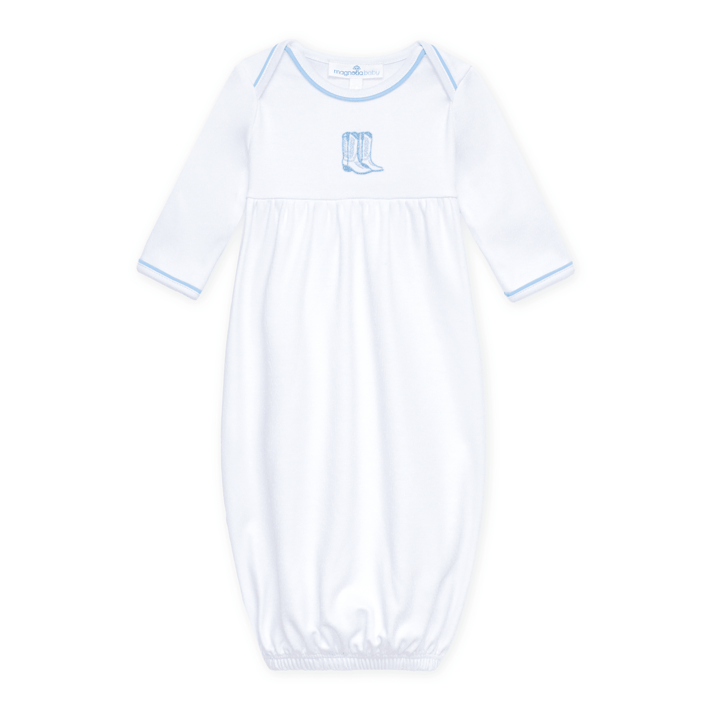 Darling Cowboy Boots Hand-Embroidered Gathered Gown - Light Blue - Magnolia BabyGown