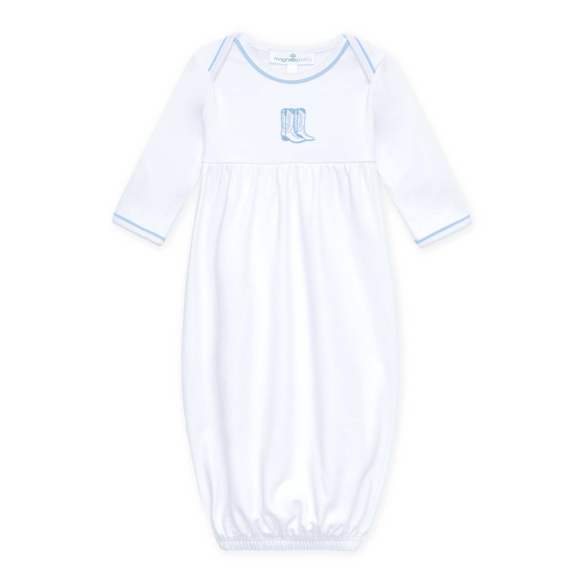 Darling Cowboy Boots Hand-Embroidered Gathered Gown - Light Blue - Magnolia BabyGown