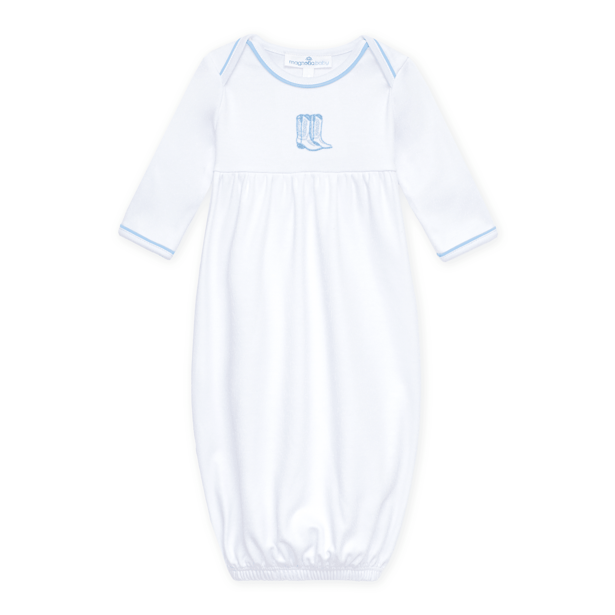Darling Cowboy Boots Hand-Embroidered Gathered Gown - Light Blue - Magnolia BabyGown